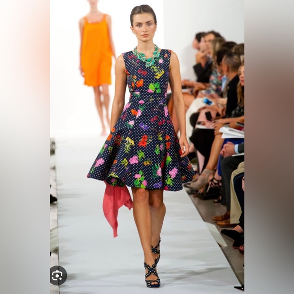 Oscar de la Renta Navy Porka dot& Flower Print Dress - Picture 1 of 6